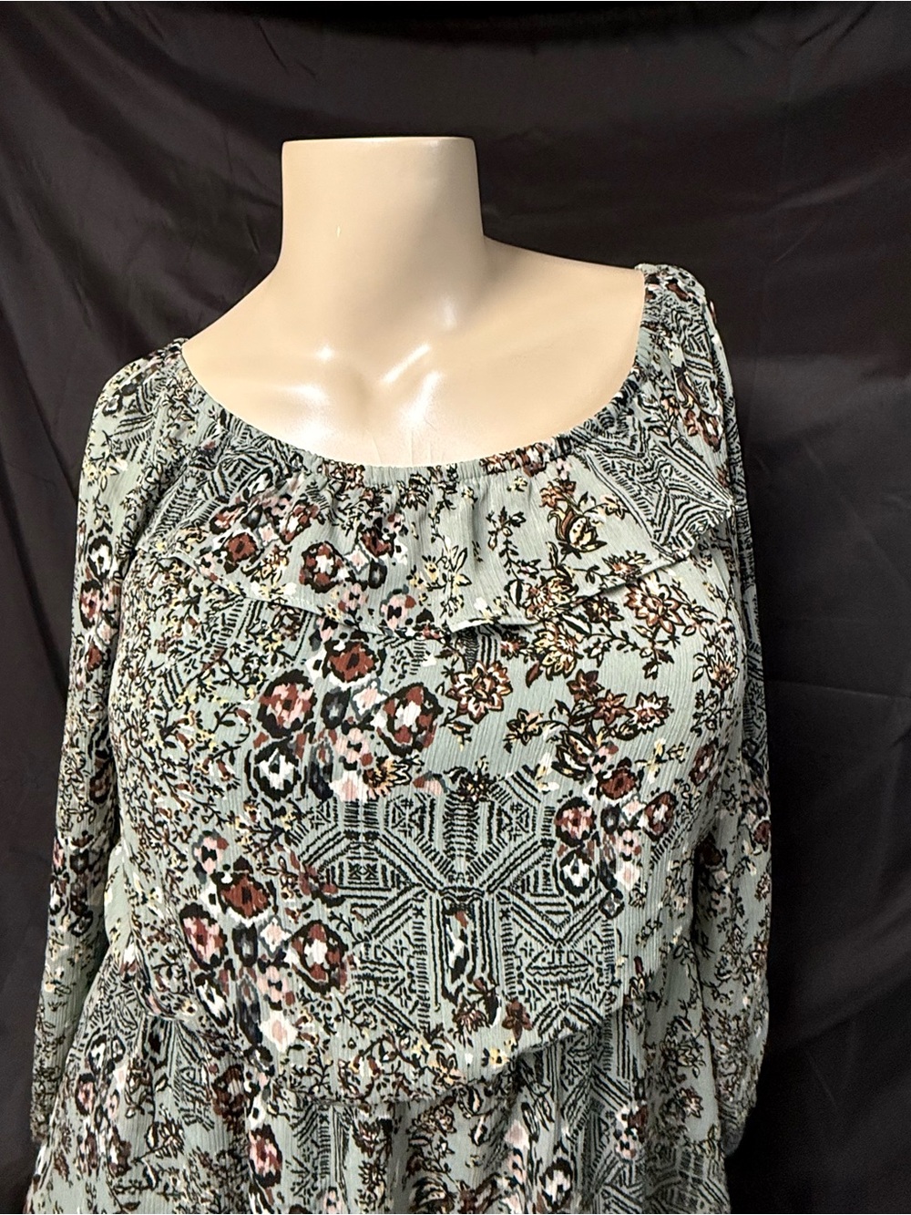 Maurices Floral Ruffle Neck Long Sleeve Blouse in Sage Green and Brown